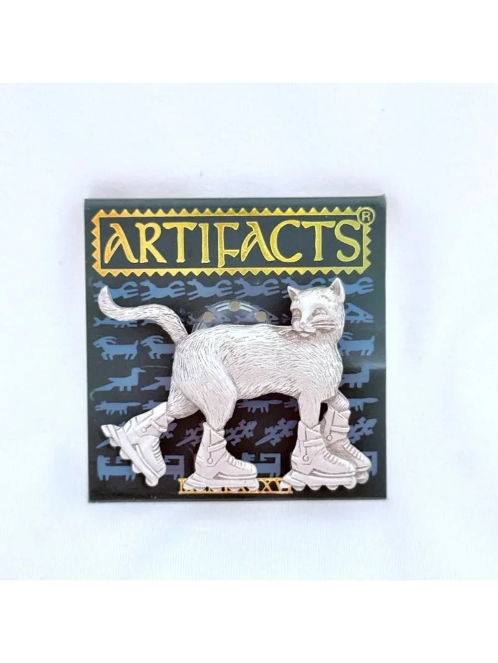 Rare Jonette Jewelry Cat Roller Skating Brooch Silver Tone Pewter New on Card